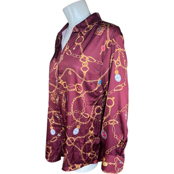 Susan Graver Regular Printed Charmeuse Button-Front Tunic Dark Cranberry Small - Picture 4 of 12